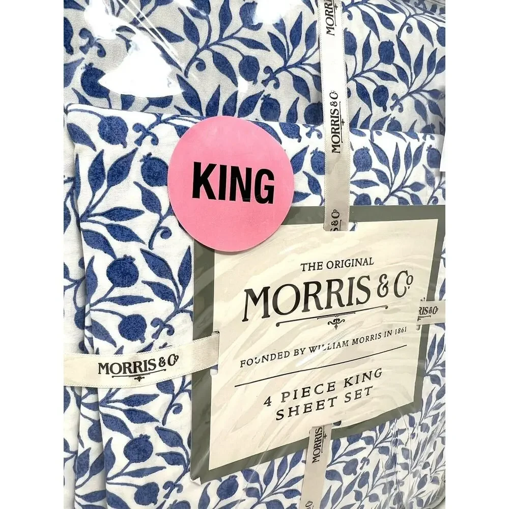 William Morris & Co. KING Sheet Set Blue White Blueberries 100% Cotton 4 pcs